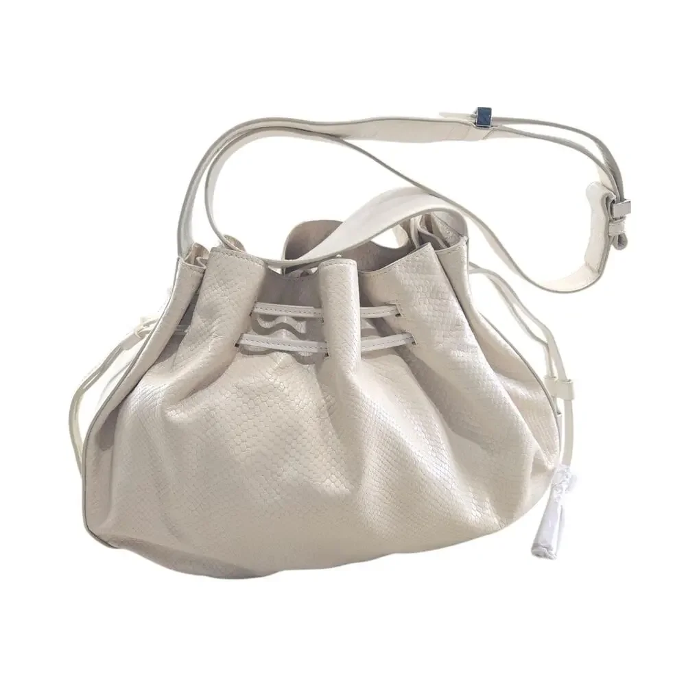 Halston Heritage Snakeskin Leather Drawstring Shoulder Bag Ivory Designer Purse